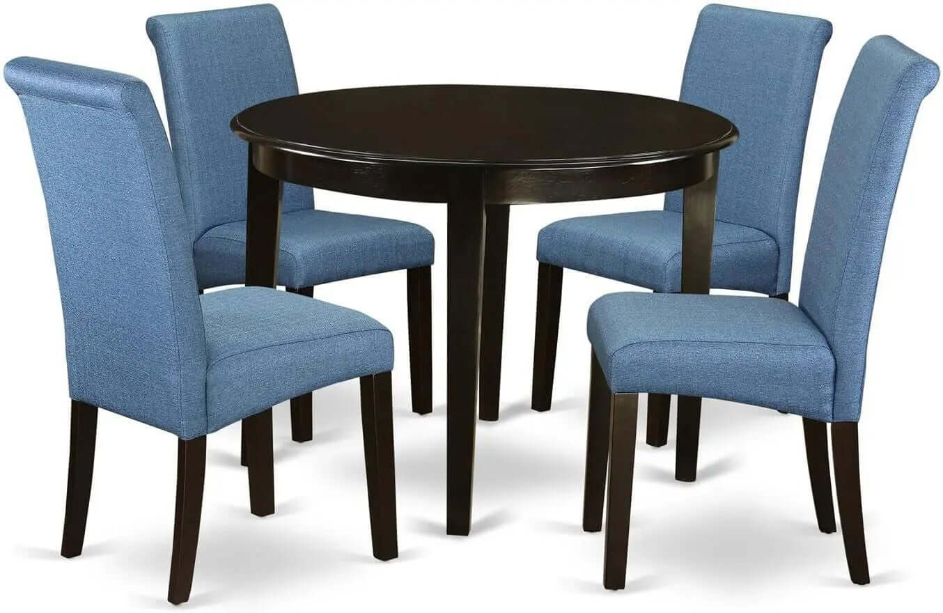 Boston 5-Piece Kitchen Set: 42" Round Dining Table with Four Blue Linen Parsons Chairs in Cappuccino Finish