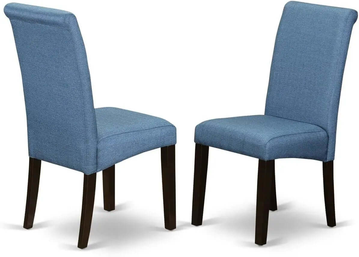 Boston 5-Piece Kitchen Set: 42" Round Dining Table with Four Blue Linen Parsons Chairs in Cappuccino Finish