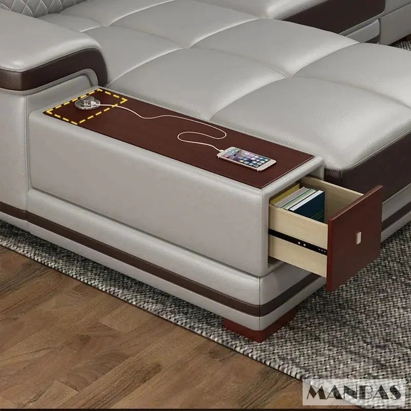 Italian Genuine Leather Sectional Sofa Set with Adjustable Headrests and Bluetooth Speaker