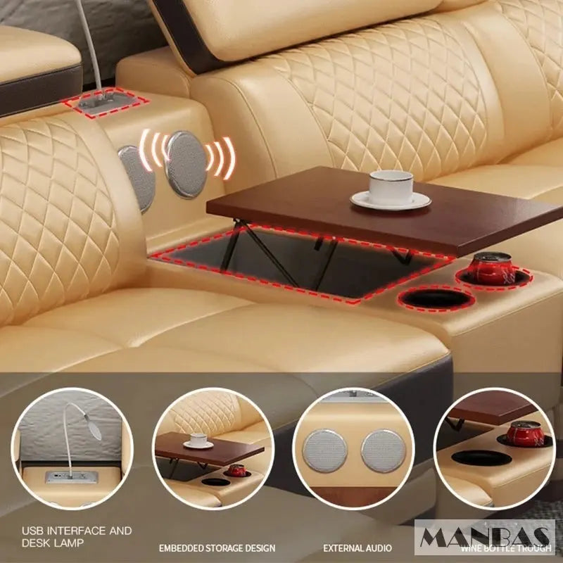 Italian Genuine Leather Sectional Sofa Set with Adjustable Headrests and Bluetooth Speaker